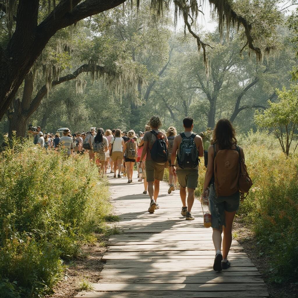 Eco-conscious explorers on a wooden boardwalk in a Florida nature sanctuary, observing wildlife and native plants, and using sustainable, earth-friendly gear