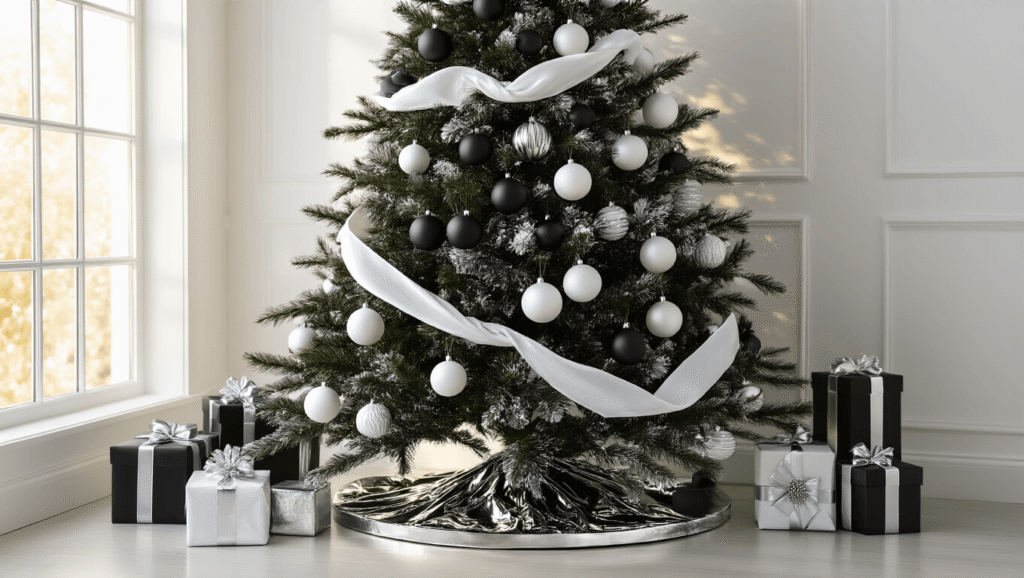Black and White Christmas Tree: A Modern Holiday Decor Statement Cinematic shot of an elegant black flocked Christmas tree adorned with glossy white and matte black ornaments, set against a white wall, with warm golden hour lighting and a reflective silver tray, surrounded by black and white striped gift boxes.