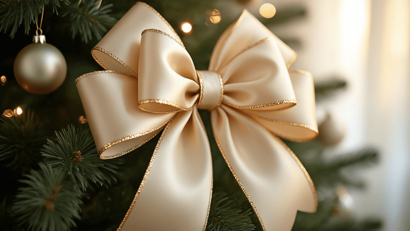 Close-up of an elegant champagne-colored satin Christmas tree bow on a noble fir, featuring intricate loops and metallic gold trim, with softly blurred twinkling lights and ornaments in the background.