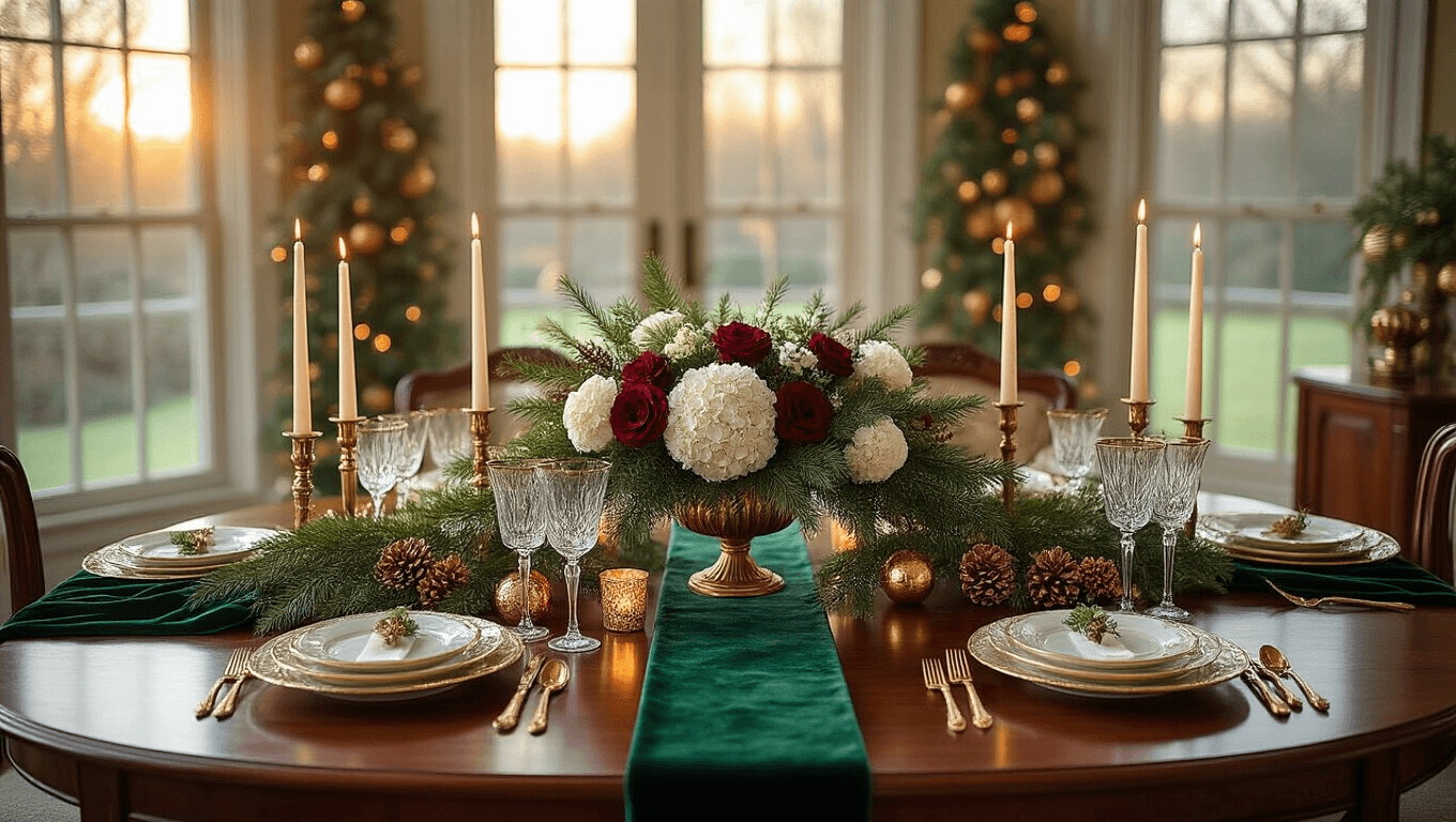 A luxurious dining room at golden hour, featuring a mahogany table adorned with a deep emerald velvet runner, dramatic evergreen and floral centerpiece, mercury glass candleholders, and vintage china, all illuminated by warm sunlight and prismatic chandelier light.