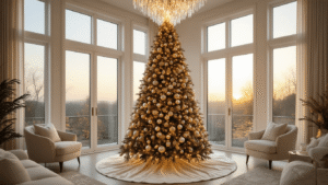 Elegant Christmas Tree Decorations: Transform Your Holiday Space into a Sophisticated Wonderland Photorealistic wide-angle view of a grand living room featuring a 12-foot elegantly decorated Christmas tree, illuminated by warm white lights, with prismatic reflections from a crystal chandelier and natural golden hour light streaming through floor-to-ceiling windows.