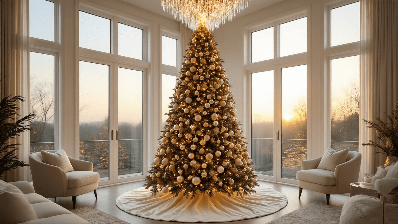 Photorealistic wide-angle view of a grand living room featuring a 12-foot elegantly decorated Christmas tree, illuminated by warm white lights, with prismatic reflections from a crystal chandelier and natural golden hour light streaming through floor-to-ceiling windows.