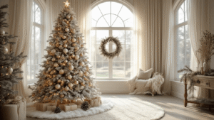 A photorealistic image of a grand 9ft flocked Christmas tree adorned with cream and champagne glass ornaments and wooden bead garlands, set in a modern farmhouse living room with arched windows and sheer linen curtains, highlighting warm LED lights and a luxurious ivory faux fur tree skirt, captured in soft bokeh with ambient glow and high attention to detail.