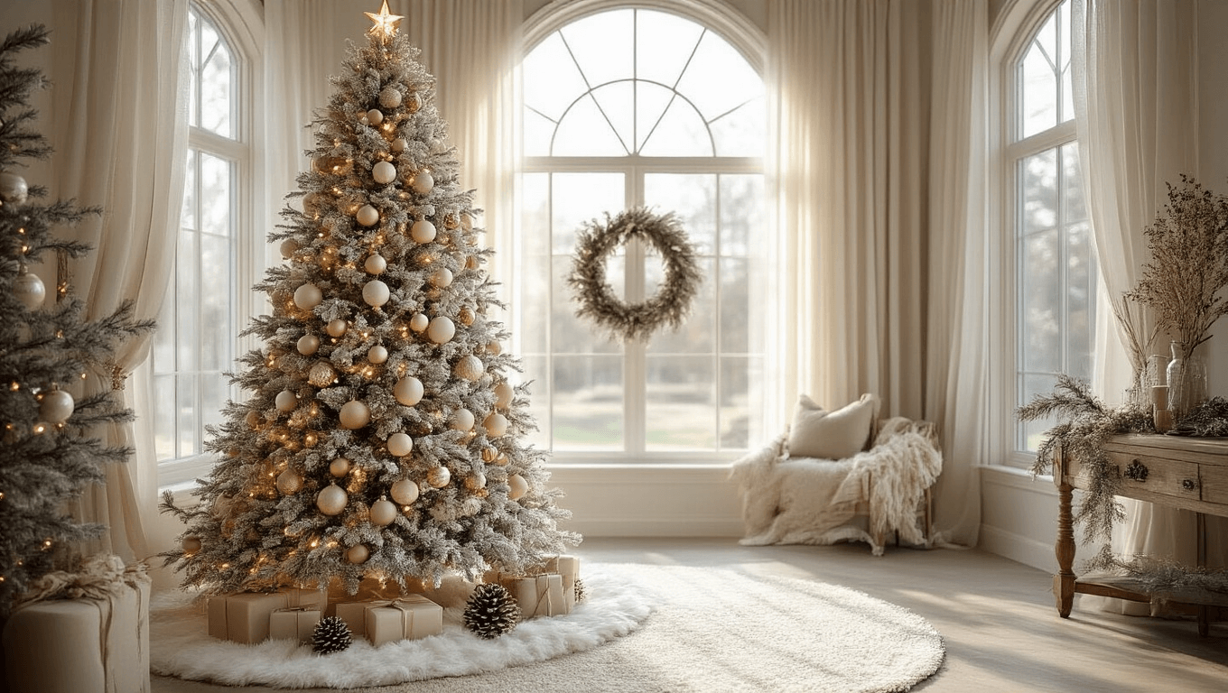 A photorealistic image of a grand 9ft flocked Christmas tree adorned with cream and champagne glass ornaments and wooden bead garlands, set in a modern farmhouse living room with arched windows and sheer linen curtains, highlighting warm LED lights and a luxurious ivory faux fur tree skirt, captured in soft bokeh with ambient glow and high attention to detail.
