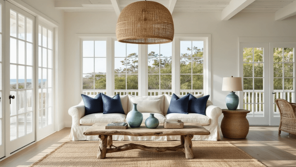 Elegant Coastal Decor: Transform Your Space into a Serene Seaside Retreat Cinematic wide-angle shot of an elegant coastal living room featuring a cream linen sofa, driftwood coffee table, and woven pendant light, all bathed in golden hour light.