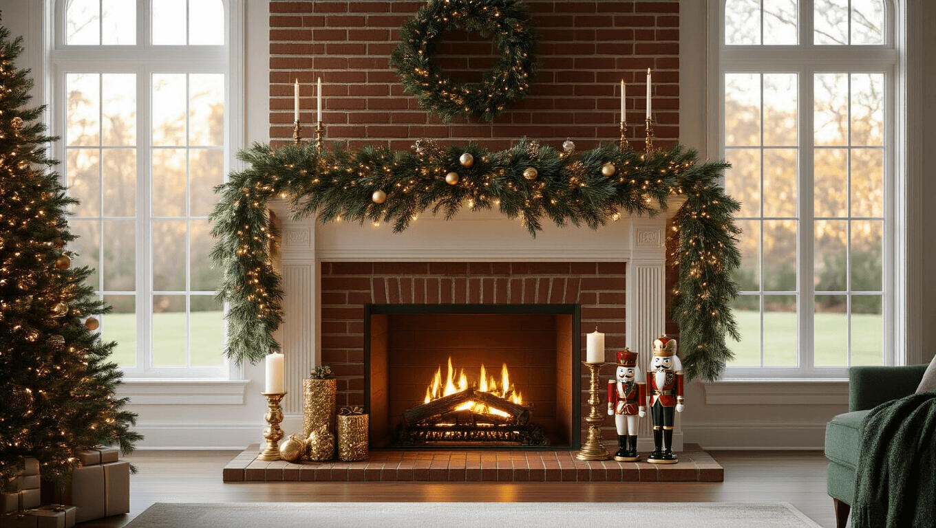 Photorealistic interior of a grand living room featuring a classic brick fireplace, adorned mantel with luxury garland, warm LED lights, vintage ornaments, and nutcrackers, captured in golden hour lighting with a soft focus background.