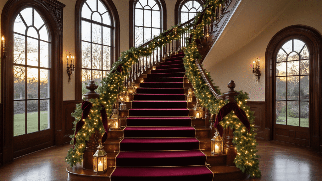 Photorealistic wide-angle view of an elegant Victorian staircase adorned with lush pine garlands, warm white LED lights, and deep burgundy and forest green ribbons, captured during golden hour with vintage mercury glass ornaments and oversized brass lanterns illuminating the scene.