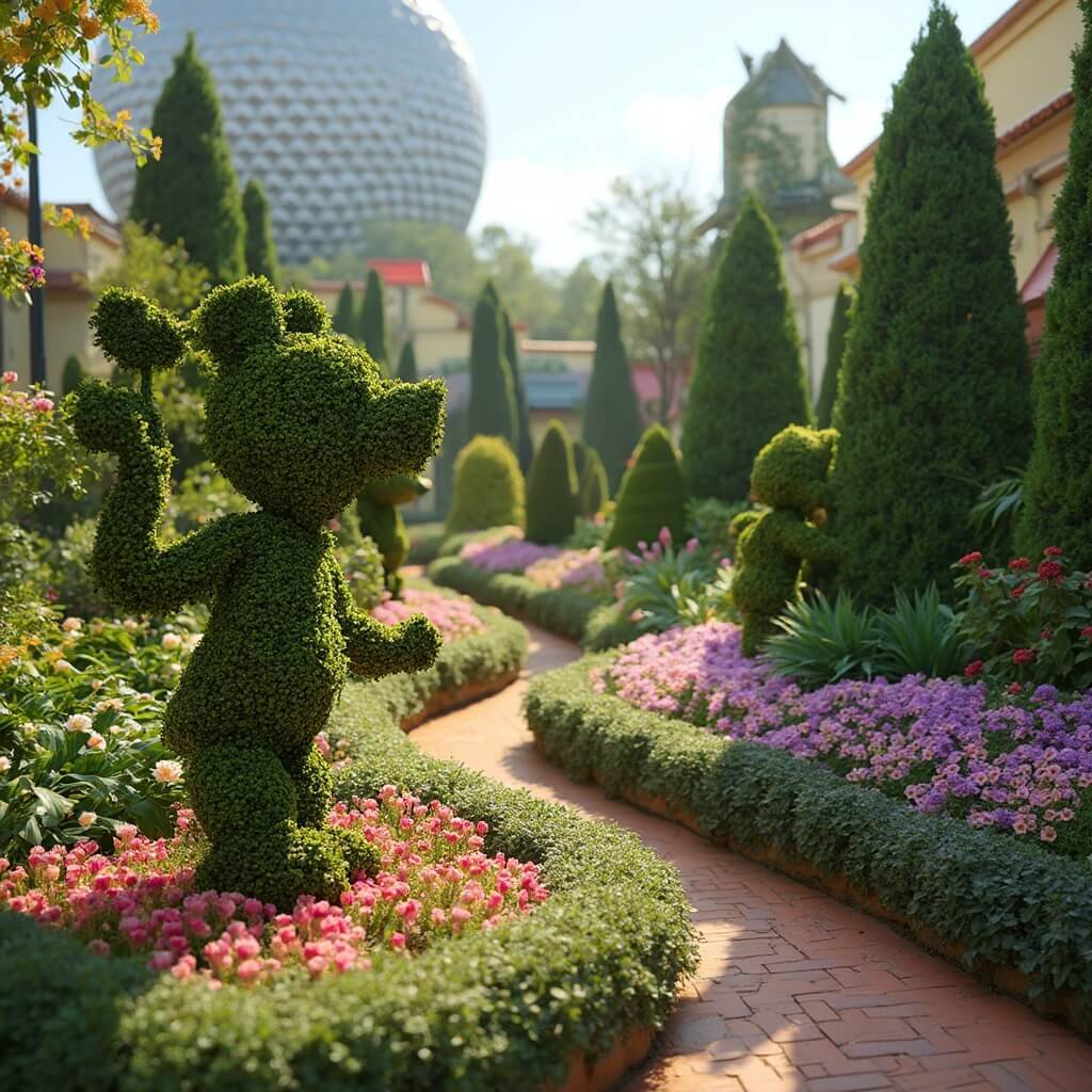 Kissimmee in April: Your Ultimate Spring Escape Guide That Nobody's Talking About! Disney character topiaries and colorful flower arrangements at Epcot's International Flower & Garden Festival in sunlight