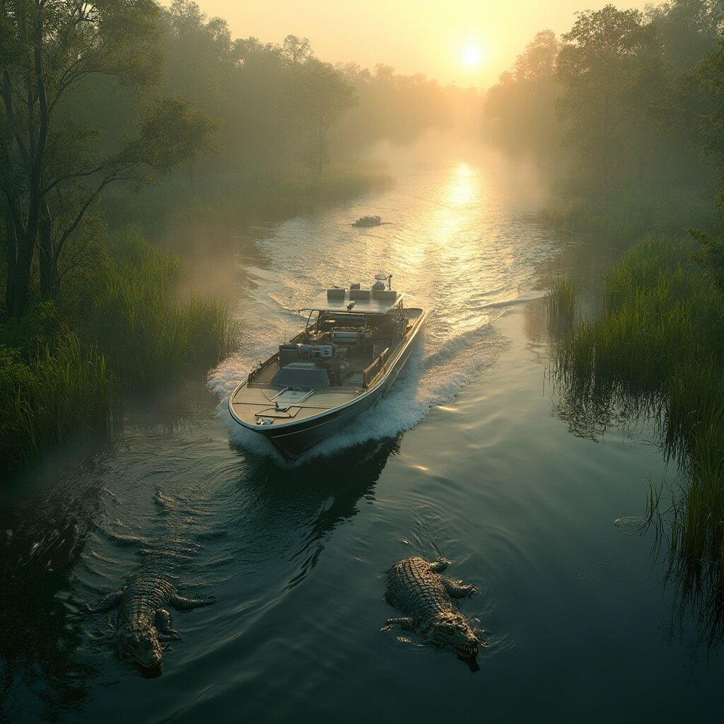 Why South Beach in January is Your Perfect Winter Escape Aerial view of an airboat gliding through misty, sunlit Everglades swampland with submerged alligators and lush green vegetation