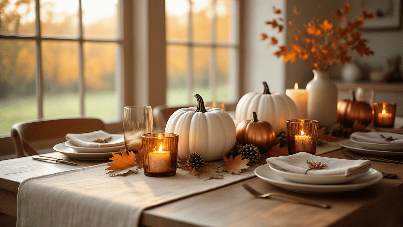 Elegant fall dining table setting featuring an oak table with a beige linen runner, adorned with white ceramic and copper pumpkins, dried oak leaves, and amber glass votives, illuminated by warm afternoon sunlight.