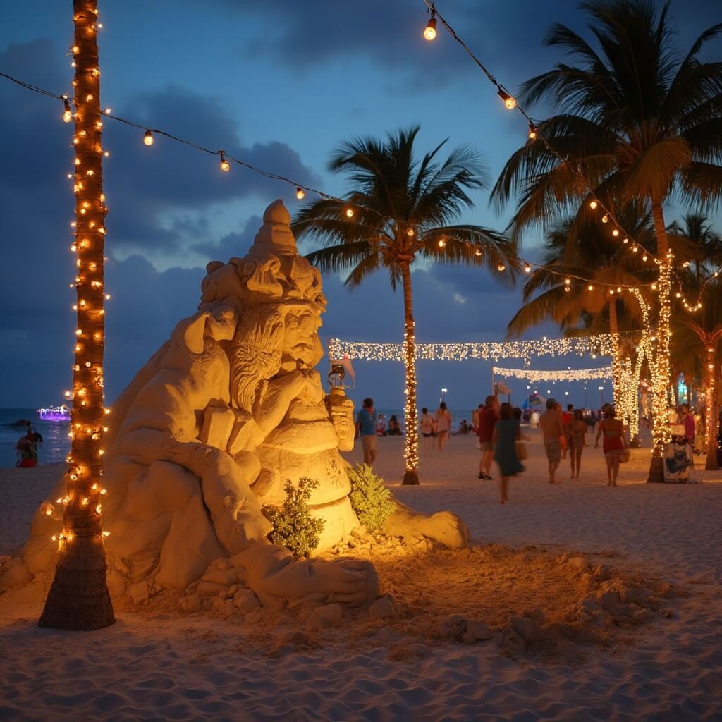 Festive holiday celebration on a Florida beach featuring a large, illuminated sand sculpture of 'Sandi', adorned with twinkling string lights, surrounded by palm trees and visitors, in a warm tropical evening ambiance.