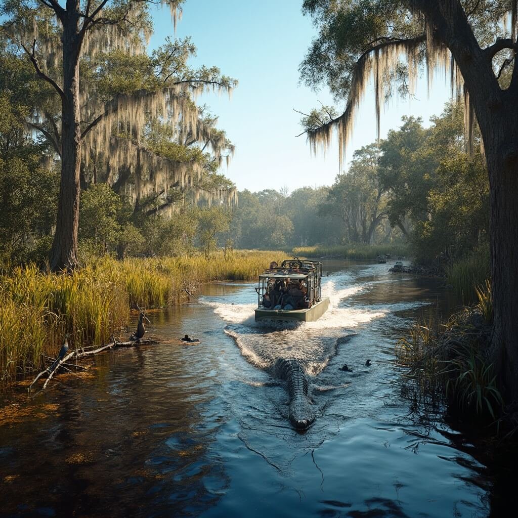 Why Kissimmee in February is Your Ultimate Winter Escape (Without the Winter Chill) Airboat adventure through Florida's wetlands in February, with cypress trees, alligators, wading birds, Spanish moss, and golden afternoon light filtering through the swamp canopy