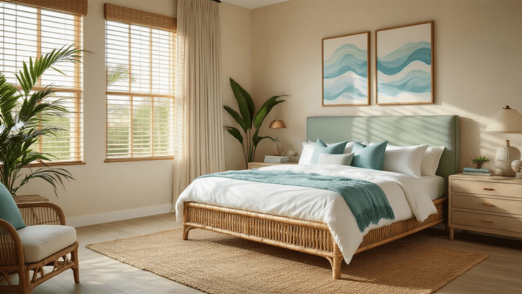 Creating Your Perfect Florida Bedroom: A Sun-Kissed Sanctuary of Style and Comfort A spacious coastal bedroom in Florida, featuring a king-size rattan bed with white linens and aqua throw pillows, soft sage green headboard, light oak hardwood floors, and sandy beige walls adorned with ocean wave art, all bathed in warm morning sunlight.