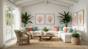 Crafting the Perfect Florida Home Interior: Your Ultimate Styling Guide A sun-drenched Florida living room with a vaulted white ceiling and floor-to-ceiling windows, featuring a linen sectional sofa with colorful throw pillows, rattan accent chairs, a driftwood coffee table, and layered rugs, adorned with coastal decor and potted palm plants, captured in warm, natural light.