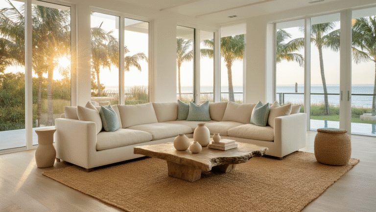 A sophisticated Florida coastal contemporary living room with a cream sectional sofa, jute rug, and natural textures, illuminated by warm golden hour sunlight through large windows.
