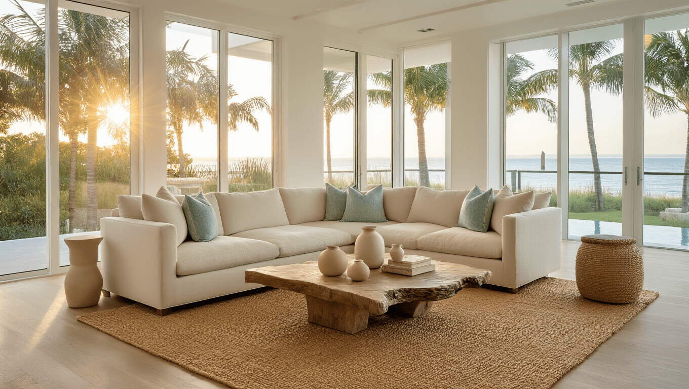 A sophisticated Florida coastal contemporary living room with a cream sectional sofa, jute rug, and natural textures, illuminated by warm golden hour sunlight through large windows.