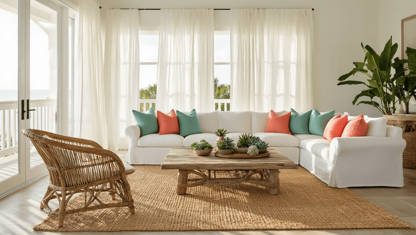 A sunlit Florida-style living room featuring a white slipcovered sectional sofa, rattan lounge chairs, and a driftwood coffee table adorned with tropical plants, bathed in soft natural light from floor-to-ceiling curtains, with a soothing color palette of whites, aqua blues, and coral accents.