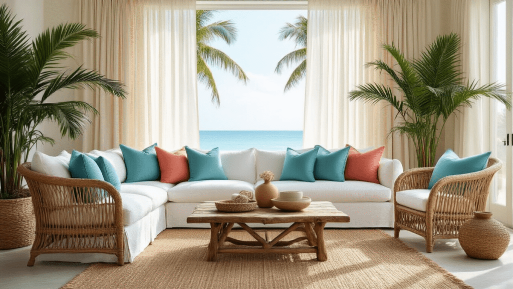Sunshine State Style: Crafting the Perfect Florida Home Decor Photorealistic Florida-inspired living room with a white linen sectional, ocean blue and seafoam green pillows, rattan chairs, a driftwood coffee table, and Areca palms, bathed in soft morning sunlight, showcasing textured decor.