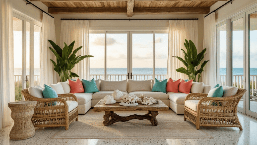 Sunshine State Style: Mastering the Florida Home Aesthetic A luxurious Florida coastal living room featuring a cream sectional sofa with seafoam and coral pillows, rattan chairs, a driftwood coffee table, and polished terrazzo flooring, bathed in warm golden light.