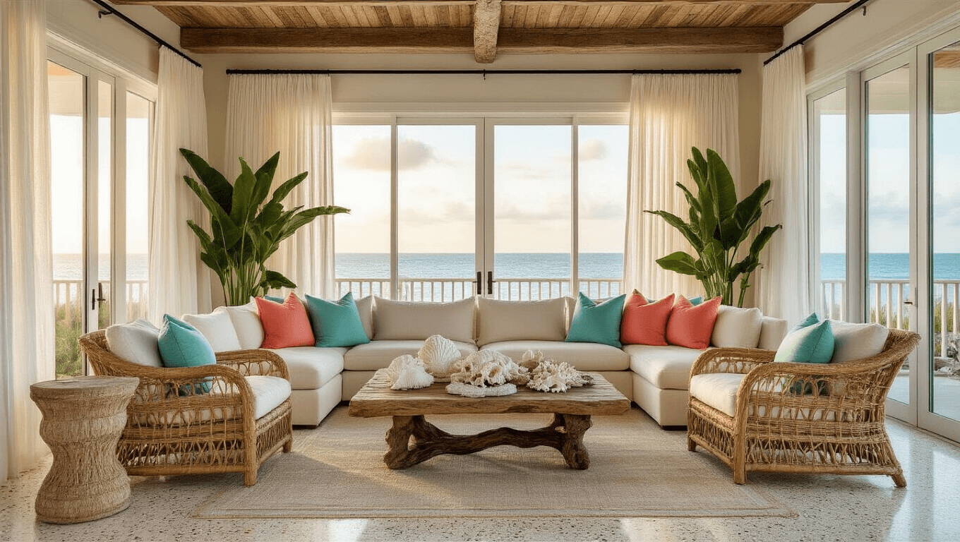 A luxurious Florida coastal living room featuring a cream sectional sofa with seafoam and coral pillows, rattan chairs, a driftwood coffee table, and polished terrazzo flooring, bathed in warm golden light.
