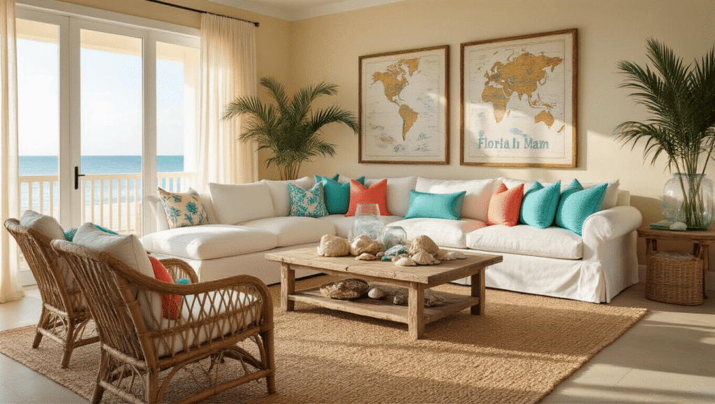 Cinematic wide-angle shot of a sun-drenched Florida coastal living room featuring a white sectional sofa with turquoise and coral accents, a natural jute rug, driftwood coffee table with seashells, rattan chairs, and warm afternoon sunlight filtering through sheer curtains.