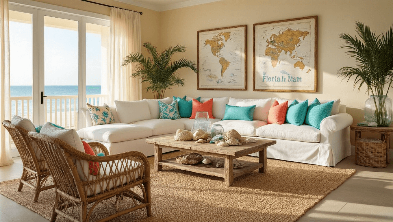 Cinematic wide-angle shot of a sun-drenched Florida coastal living room featuring a white sectional sofa with turquoise and coral accents, a natural jute rug, driftwood coffee table with seashells, rattan chairs, and warm afternoon sunlight filtering through sheer curtains.