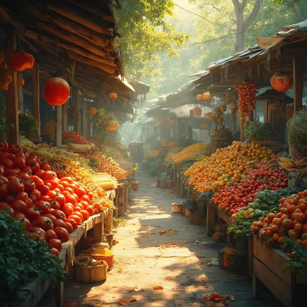 Lakeland's September: Your Ultimate Guide to Florida's Hidden Early Autumn Gem Late summer produce at a local Florida farmers market featuring ripe tomatoes, corn, gourds in wooden stalls, with golden sunlight filtering through a humid tropical atmosphere and hints of fall colors emerging, no people in the frame.