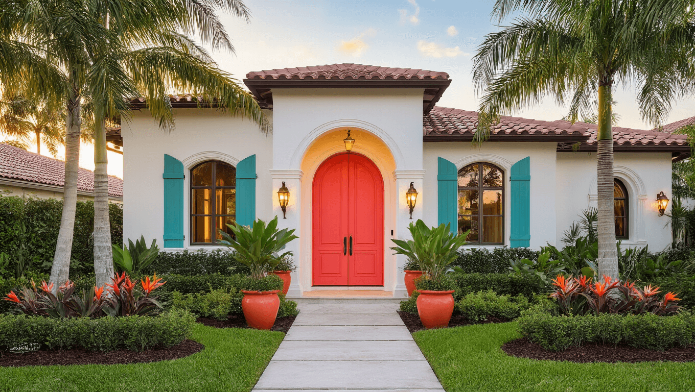Cinematic wide-angle shot of a Florida home featuring textured stucco walls, coral red front door, polished concrete walkway, tropical landscaping, and terracotta roof tiles during golden hour.