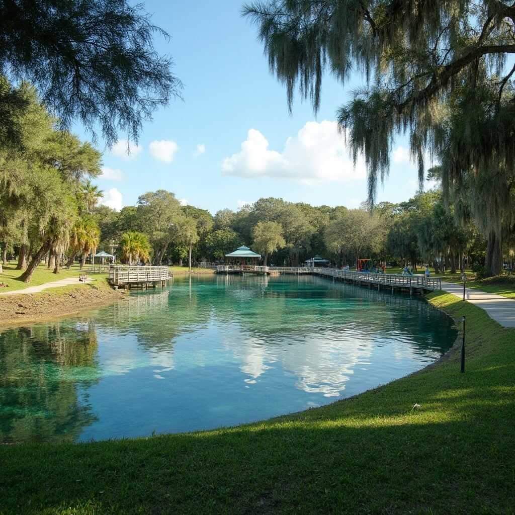Why Kissimmee in February is Your Ultimate Winter Escape (Without the Winter Chill) Scenic Florida park in February with families picnicking, children playing, people walking on trails and a boardwalk over a serene lake reflecting the blue sky, surrounded by palm and oak trees.