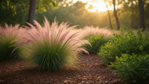 Simple Florida Landscaping: Create a Low-Maintenance, Native Paradise Cinematic wide-angle shot of a Florida native garden during golden hour, featuring pink muhly grass, purple beautyberry, and lush wax myrtle on organic mulch, with dappled sunlight creating dramatic lighting and textures.