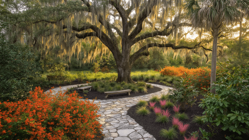 Cinematic aerial view of a Florida native landscape garden at golden hour, featuring a majestic Live Oak with Spanish moss, Sabal Palms, vibrant Firebush blooms, Muhly grass, Southern Magnolia, and weathered limestone pathways, evoking warmth and natural beauty in a low-maintenance wildlife sanctuary.