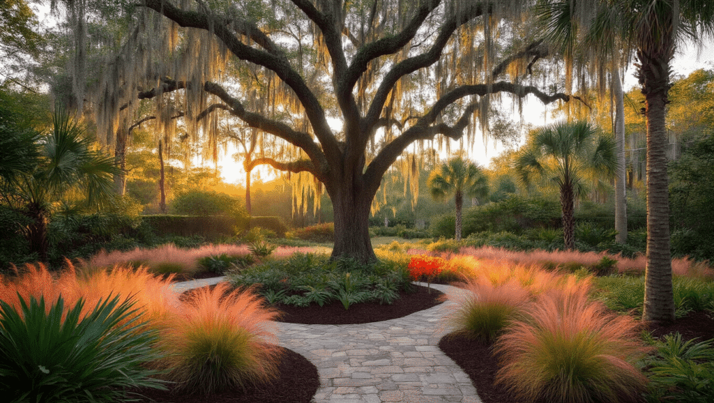 Florida Backyard Landscaping: Your Ultimate Guide to a Stunning, Low-Maintenance Outdoor Oasis Photorealistic wide-angle shot of a Florida backyard oasis at golden hour, featuring a majestic Live Oak with Spanish moss, Sabal Palms, vibrant Firebush blooms, and pink-tinted Muhly grass, with warm sunlight filtering through, rich mulch pathways, and an inviting resort-like ambiance.