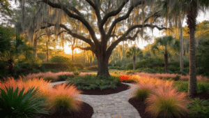 Florida Backyard Landscaping: Your Ultimate Guide to a Stunning, Low-Maintenance Outdoor Oasis Photorealistic wide-angle shot of a Florida backyard oasis at golden hour, featuring a majestic Live Oak with Spanish moss, Sabal Palms, vibrant Firebush blooms, and pink-tinted Muhly grass, with warm sunlight filtering through, rich mulch pathways, and an inviting resort-like ambiance.