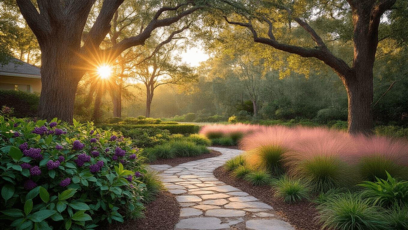 Cinematic view of a Florida front yard at golden hour, showcasing Southern magnolia trees, beautyberry shrubs with purple berries, wispy muhly grass, coontie plants, and natural limestone pathways, all bathed in warm sunlight and intricate shadow patterns.