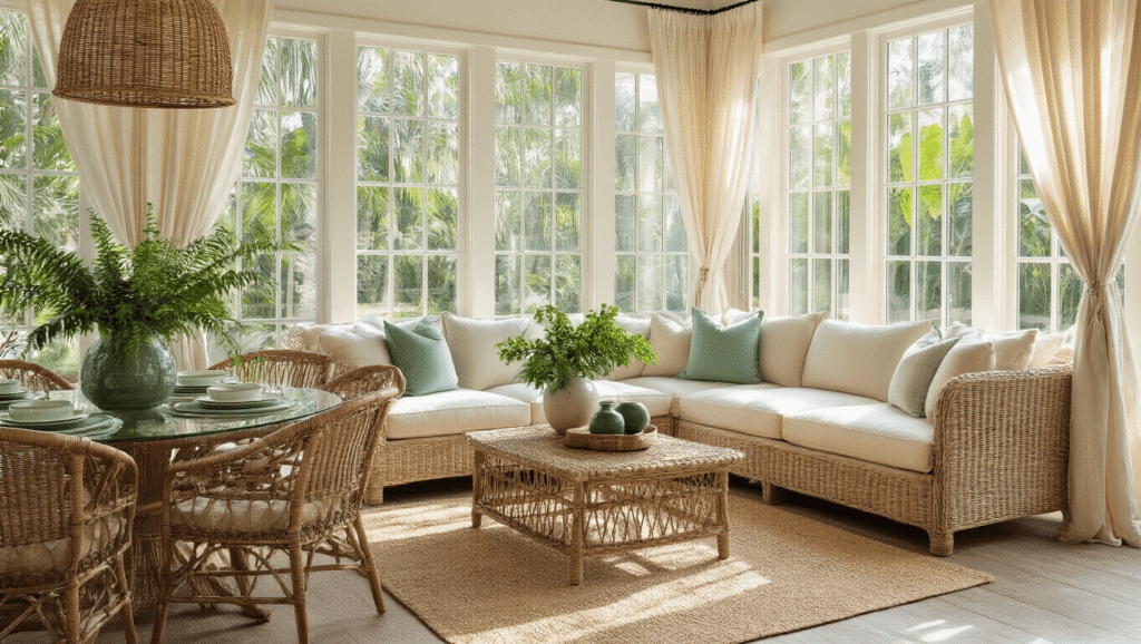 Creating Your Perfect Florida Room: A Sun-Soaked Sanctuary of Style and Comfort Cinematic wide-angle view of a sunlit Florida room featuring a cream sectional sofa with seafoam green and sandy beige pillows, a natural wicker dining set, oversized teak daybed, and floor-to-ceiling windows that illuminate the space with golden light, showcasing tropical greenery and a warm coastal color palette.
