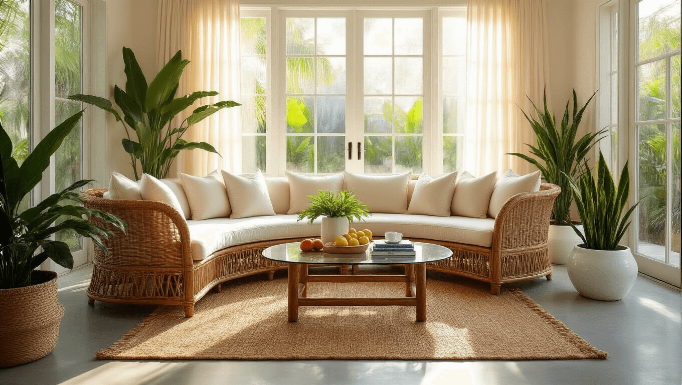 Cinematic wide-angle shot of a sunlit Florida room with a curved rattan sofa, plush cream cushions, tropical plants, and warm amber reflections on polished concrete floors, accented by sheer curtains and natural textures.