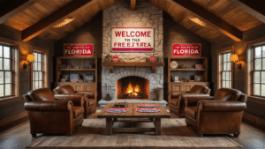 Rustic family room adorned with Florida political memorabilia, featuring exposed cedar beams, a stone fireplace, leather furniture, and warm golden lighting.