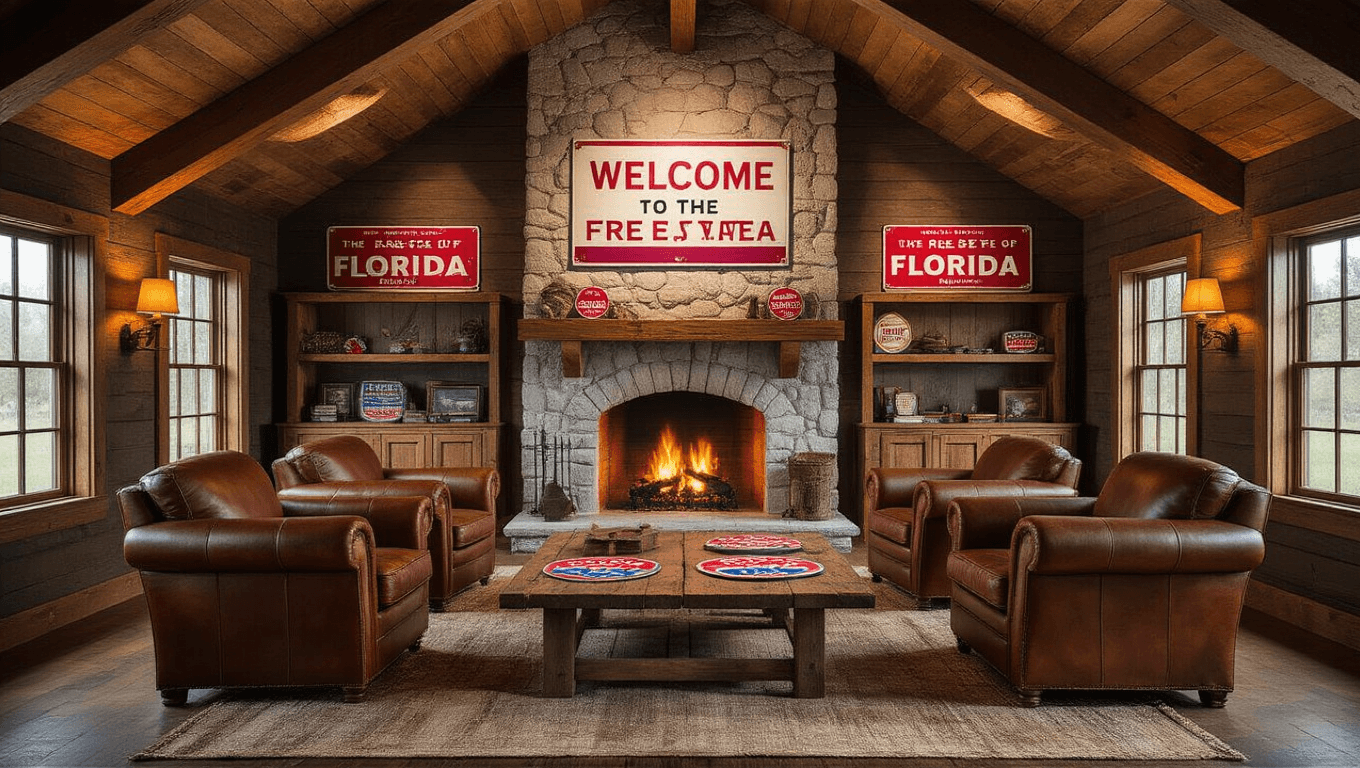 Rustic family room adorned with Florida political memorabilia, featuring exposed cedar beams, a stone fireplace, leather furniture, and warm golden lighting.