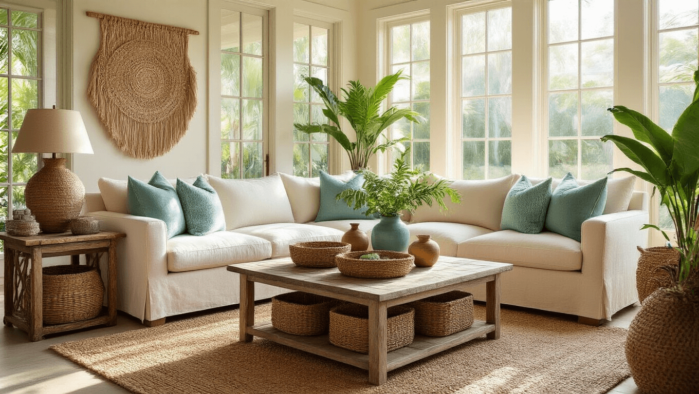 Cinematic wide-angle shot of a Florida sunroom with golden morning light, featuring a cream linen sectional sofa with ocean blue and sage green pillows, a driftwood coffee table with woven baskets and tropical vases, layered jute and sea-grass rugs, and ambient rattan lamps, set against clean white walls and vibrant greenery.