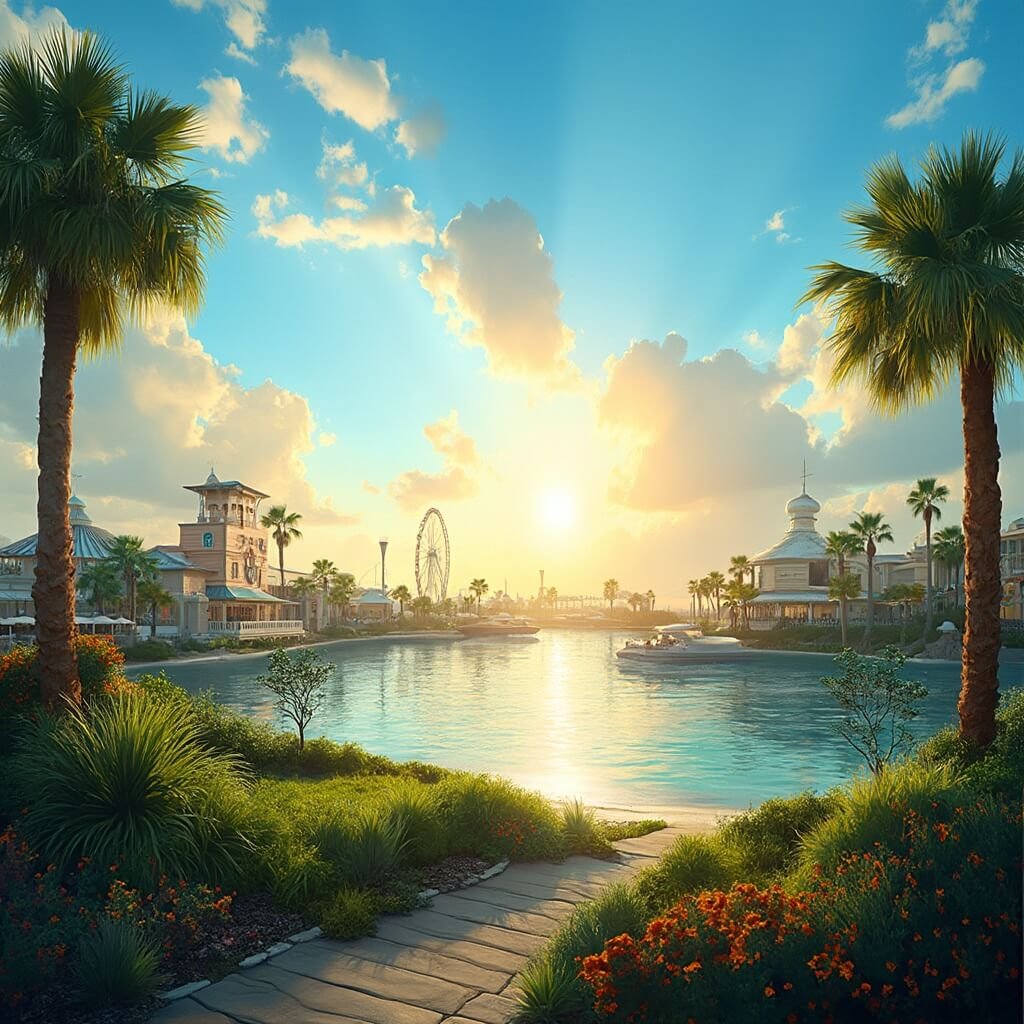 Why Kissimmee in January Will Blow Your Winter Blues Away Panoramic view of sunny Florida landscape with theme park silhouettes, blue skies, swaying palm trees, and lush greenery under warm golden sunlight