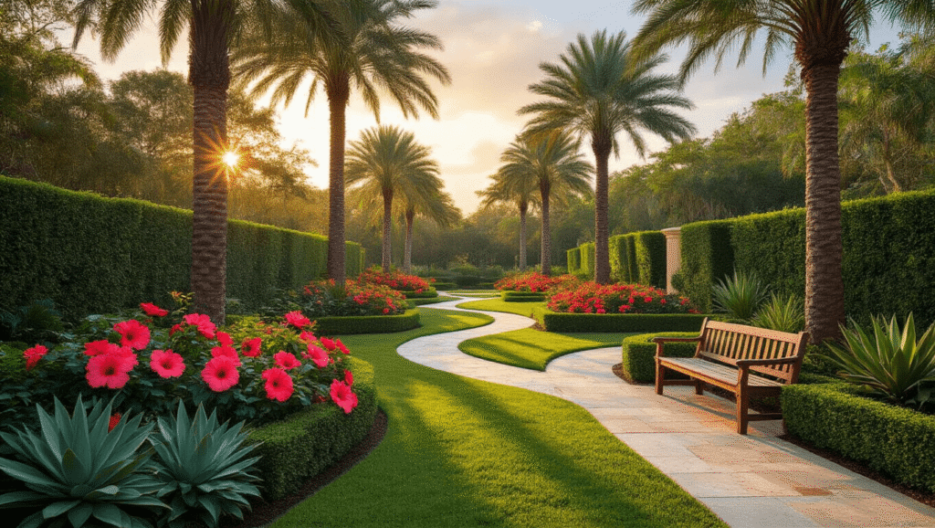 Cinematic wide-angle view of a Florida Zone 9 tropical landscape at golden hour, showcasing palm trees, vibrant hibiscus blooms, manicured boxwood hedges, winding stone pathways, and lush vegetation with warm accents.