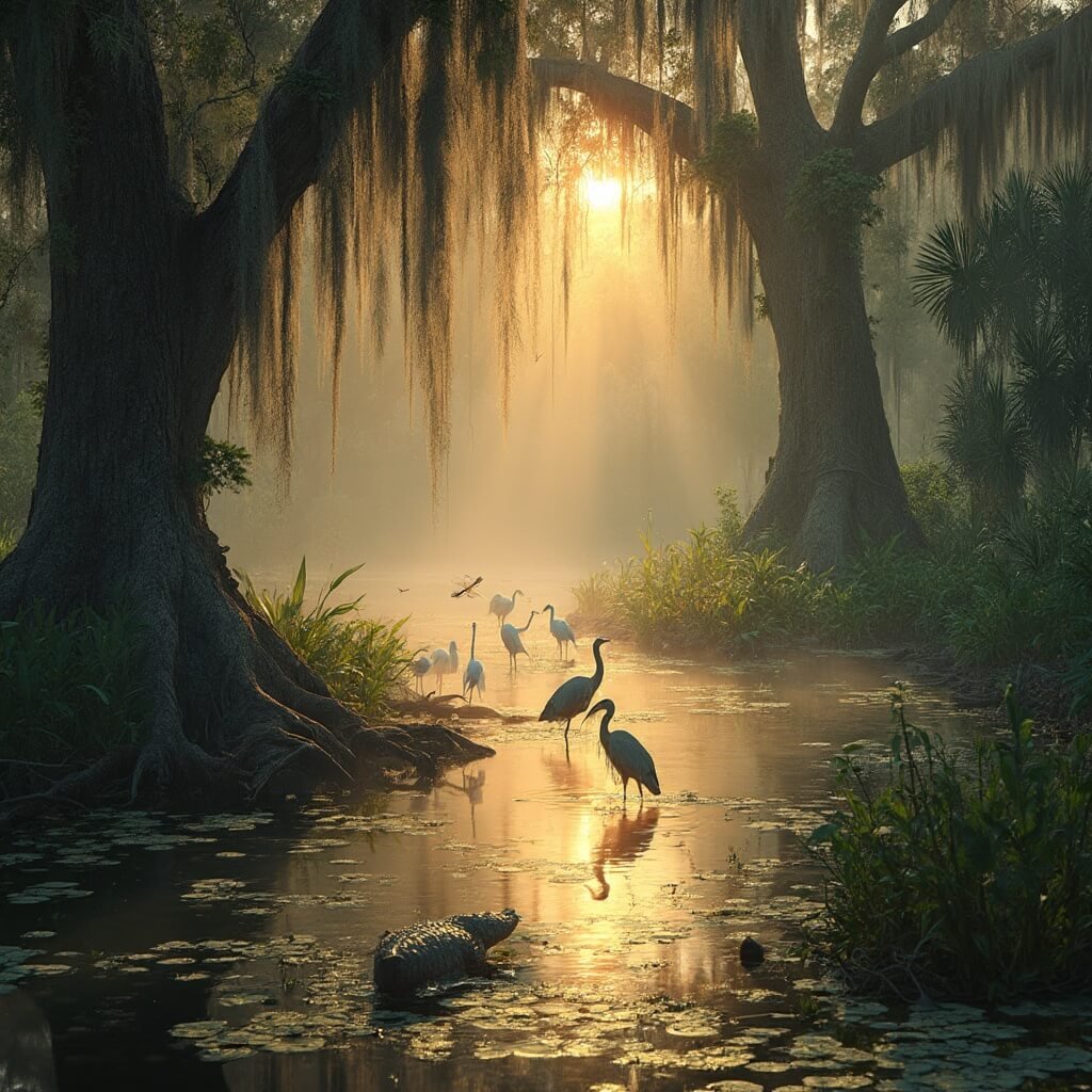 Golden hour dawn over a Florida wetland preserve, featuring cypress trees with Spanish moss, wading herons and egrets, rich vegetation, a submerged alligator, dragonflies over lily pads, and ethereal rays of sunlight