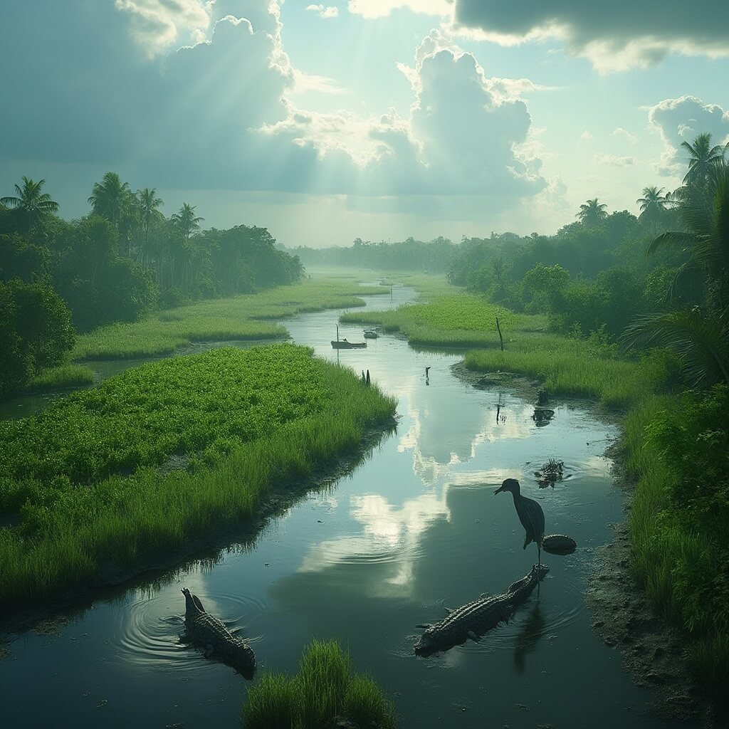 West Palm Beach in June: Your Ultimate Tropical Adventure Guide Aerial view of a lush wetland ecosystem in West Palm Beach featuring a great blue heron, alligators on mudbanks, and incoming tropical storm, under soft light-filtered clouds.