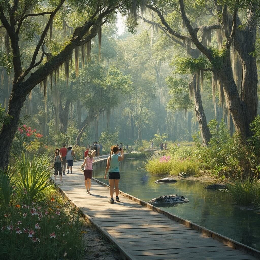 Kissimmee in April: Your Ultimate Spring Escape Guide That Nobody's Talking About! Visitors with binoculars observing migratory birds on a serene Florida nature preserve trail with cypress trees, wooden boardwalk, reflective water, sunning alligators, and vibrant vegetation