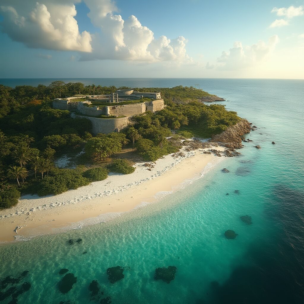 Panoramic view of Fort Zachary Taylor State Park with turquoise waters, sandy beach, tropical vegetation, and historic stone fort at golden hour