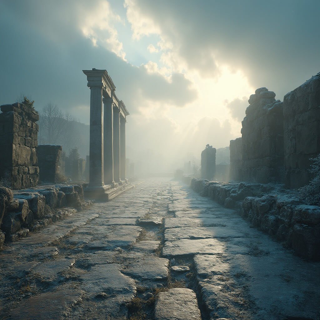 Naples in January: Your Ultimate Off-Season Travel Guide You Never Knew You Needed Frost-covered Pompeii archaeological site at dawn with empty Roman stone columns and pathways, dramatic winter clouds, soft sunlight casting shadows, mist rising between ruins, and detailed architecture in moody atmospheric lighting