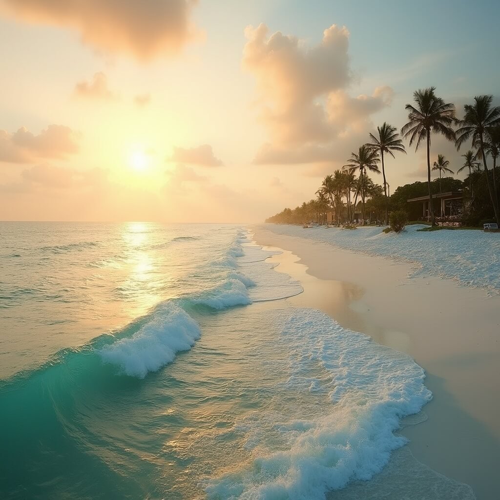 Golden sunset over Lake Worth Beach with palm tree silhouettes and empty white sands meeting turquoise waters