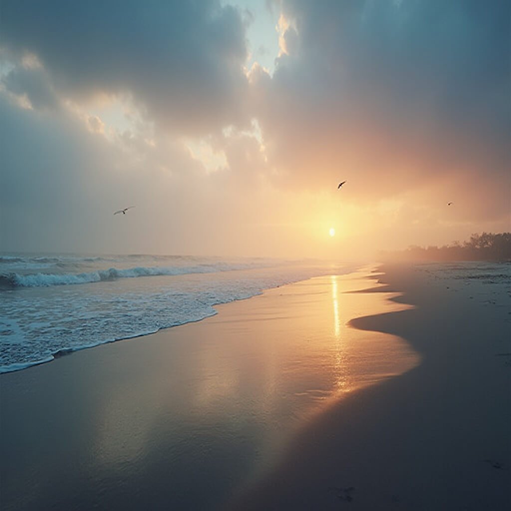 March Magic: Why Jacksonville Beach Is Your Secret Spring Escape (Without the Crowds!) Dramatic sunrise over Jacksonville Beach with misty atmosphere, gentle waves, distant seabirds, and soft focus horizon