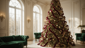 Ribbon Magic: Transform Your Christmas Tree from Drab to Fab in Under an Hour A majestic 9-foot Christmas tree adorned with burgundy velvet and metallic gold ribbons, vintage glass ornaments, and set in a luxurious living room with emerald velvet furniture and cream walls. Shot in cinematic style with golden hour lighting and soft shadows.