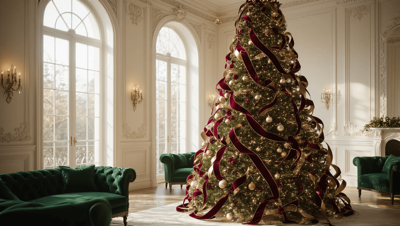 A majestic 9-foot Christmas tree adorned with burgundy velvet and metallic gold ribbons, vintage glass ornaments, and set in a luxurious living room with emerald velvet furniture and cream walls. Shot in cinematic style with golden hour lighting and soft shadows.